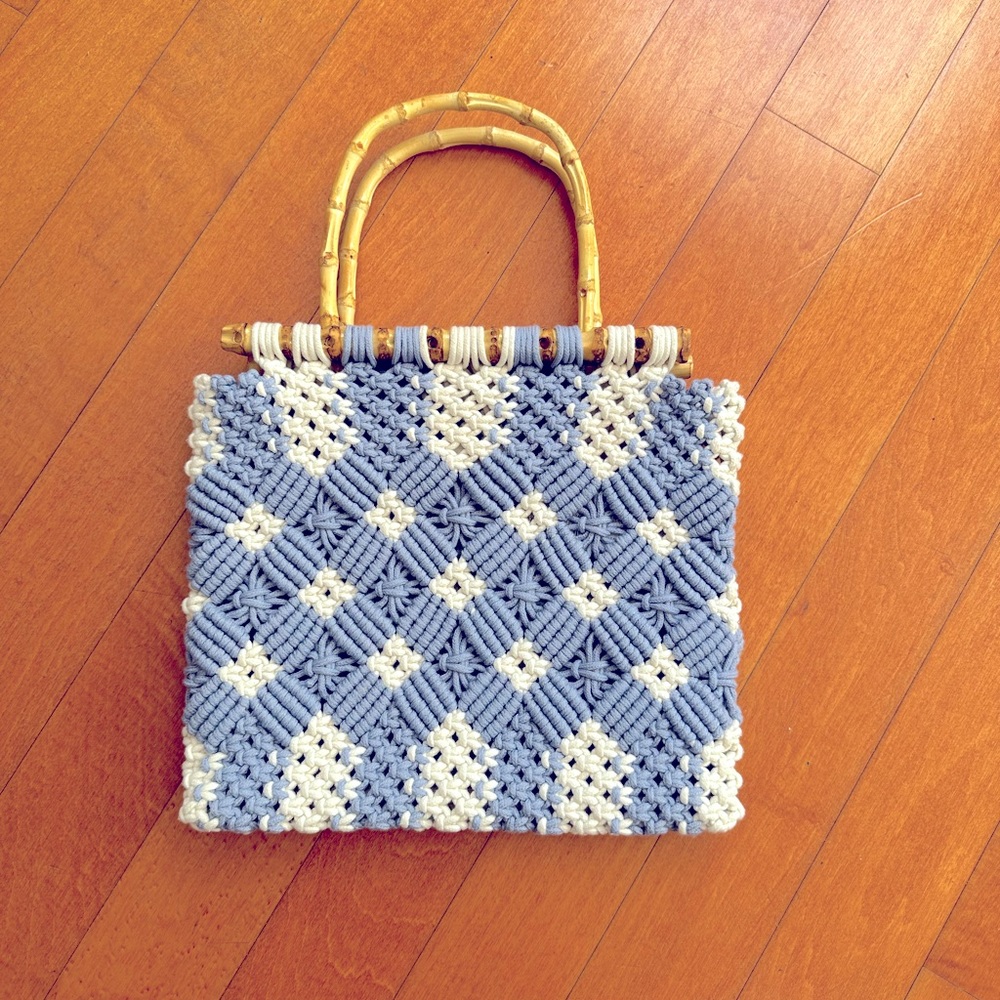 Blue and white crochet bag from Zara, with bamboo handle. Super cute
